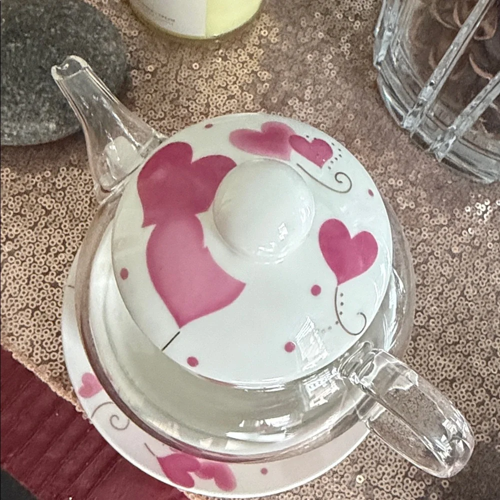 Grace’s Teaware Pink Hearts Glass and Fine Porcelain Tea For One Set